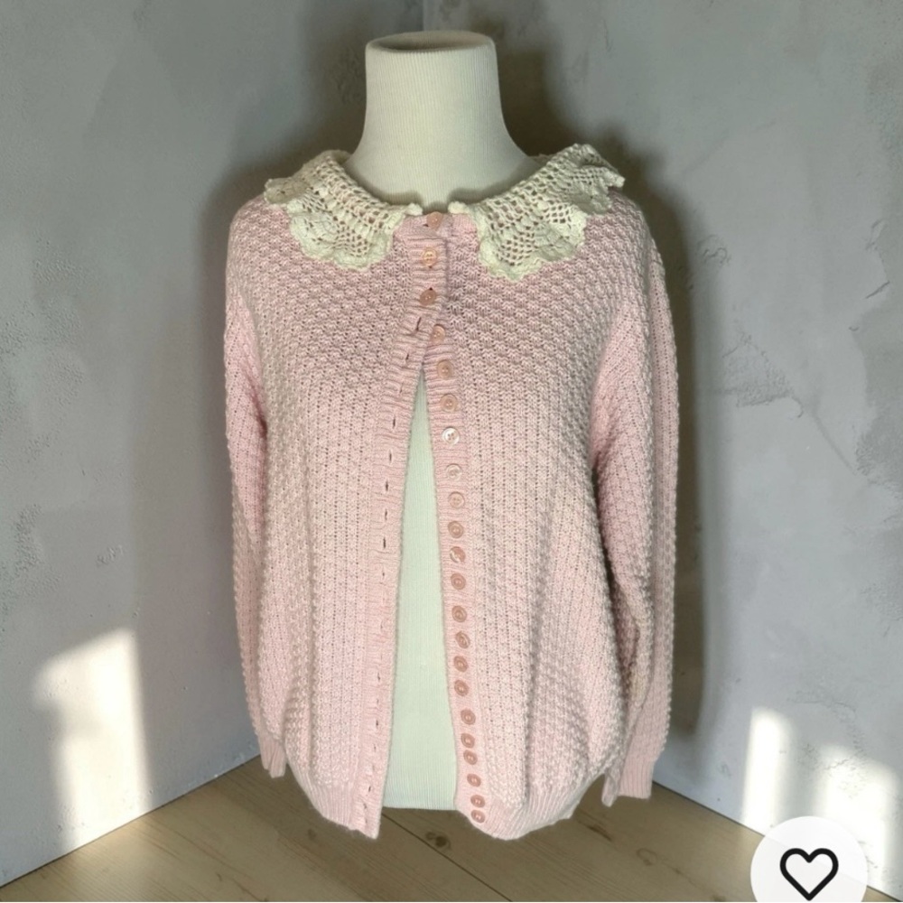 VTG Cardigan Knit Sweater Womens CottageCore Knit Pink Crochet Med